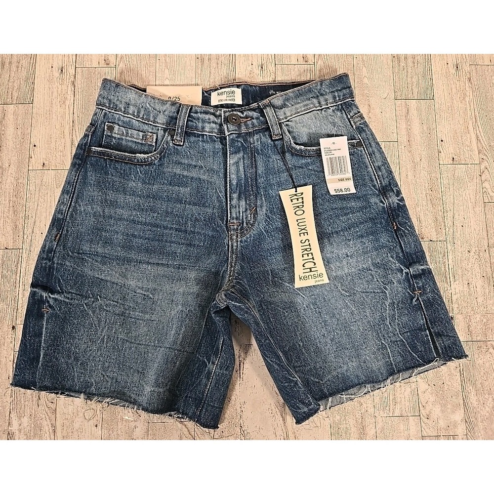 Kensie Denim Shorts 0/25 Relaxed Retro Luxe Stretch Blue Raw Hem NEW